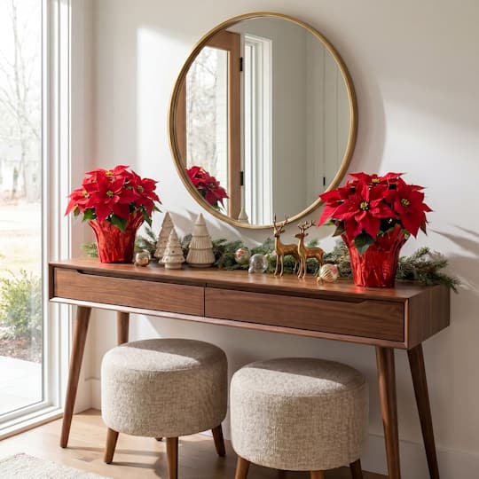 Nearly Natural 13" Artificial Potted Poinsettia Arrangement in Red Wrapped Planters